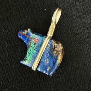 Carved Stone Zuni Bear Pendant Turquoise Lapis Coral Silver Arrow Native America